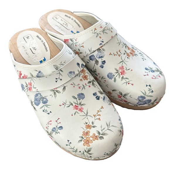 Moheda Swedish Sweden Linnea White Floral Leather Clogs Mules Womens New 40 - Picture 3 of 14